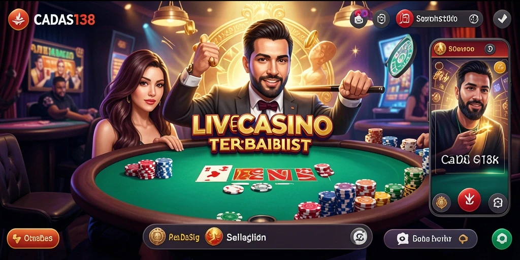 Screenshot permainan Live Casino yang menunjukkan dealer dan antarmuka yang interaktif.