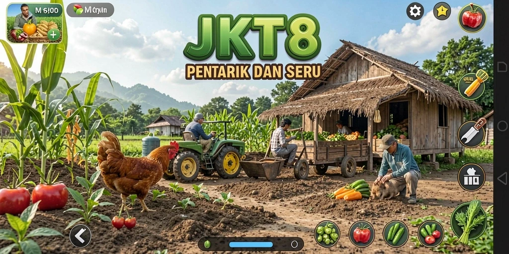 Tampilan gameplay JKT8 dengan aktivitas bertani yang seru.
