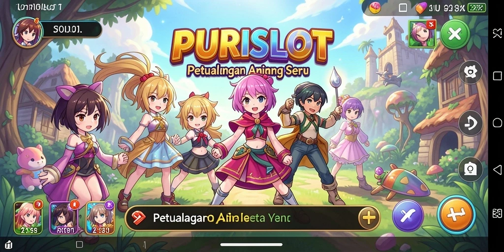 Tangkapan layar permainan PURISLOT yang menunjukkan karakter anime dalam aksi.