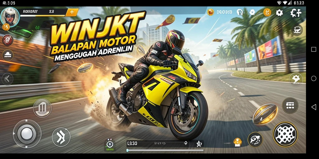 Tampilan gameplay WINJKT menampilkan balapan motor yang seru dan kompetitif.